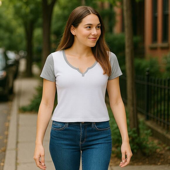 BP Baby Tee Contrast Sleeve Shrunken Top - Picture 1 of 9